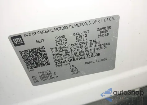 2022 Chevrolet Equinox Fwd Lt из США, поврежденный, VIN 3GNAXKEV6NL310509